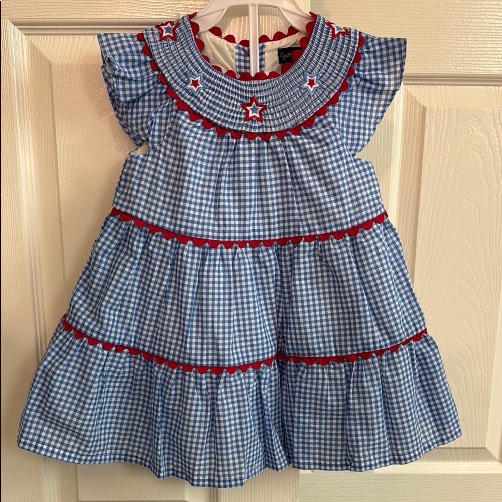 Blue Gingham Dress with Red Star Accents